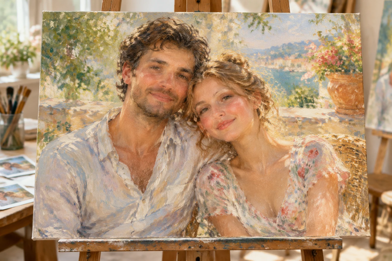 Illustrative oil portrait of a couple seated close together on a sunny terrace, with recognisable faces and Renoir-inspired warmth