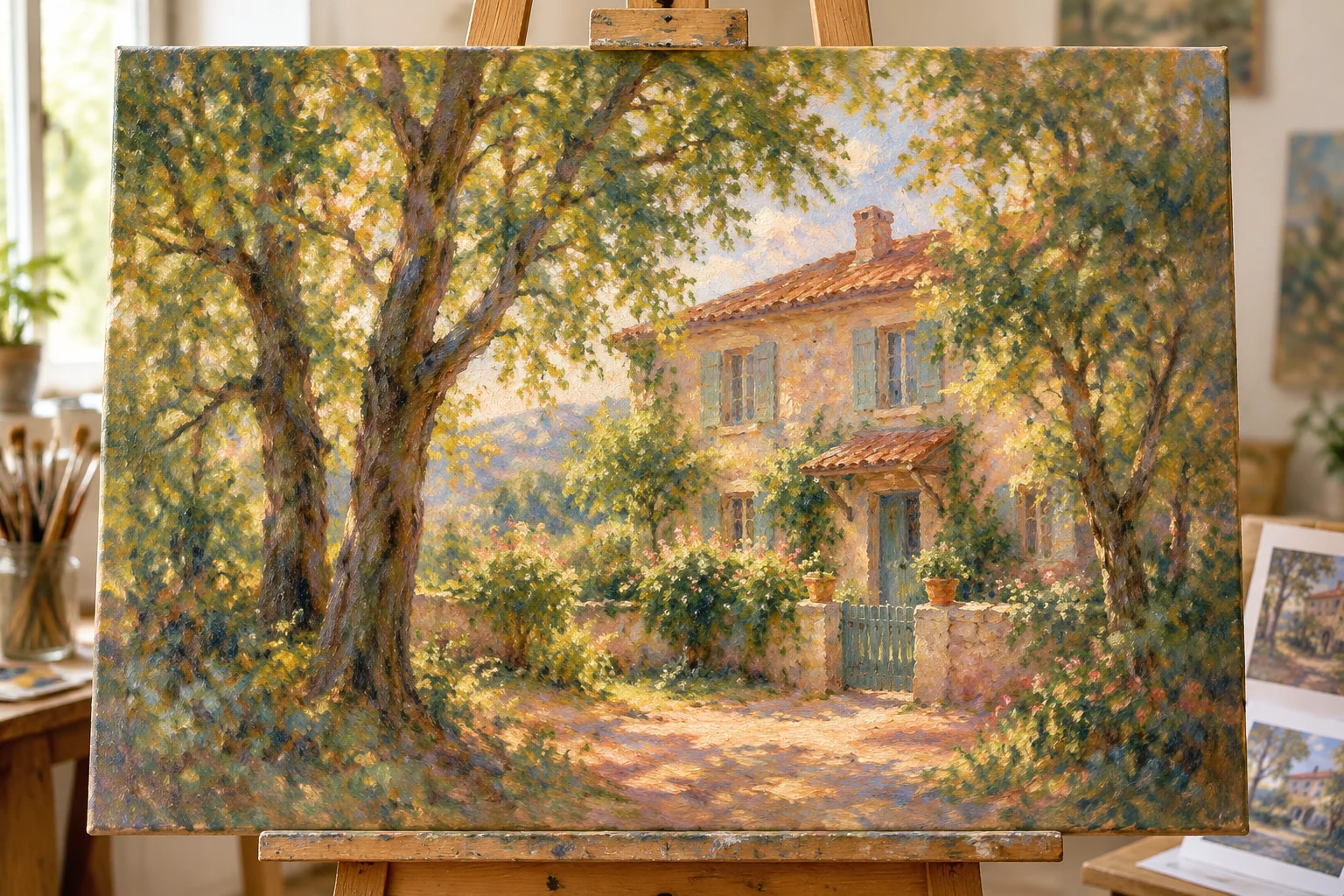 Illustrative oil painting of a family house seen through trees, in Renoir-inspired dappled afternoon light