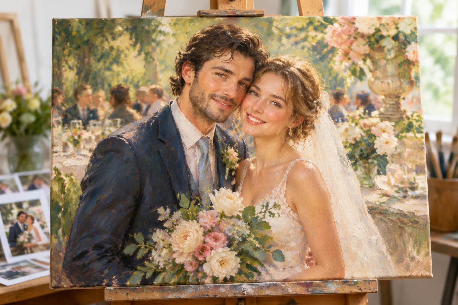 Illustrative wedding oil portrait with a recognisable couple and Renoir-inspired warmth and luminous colour