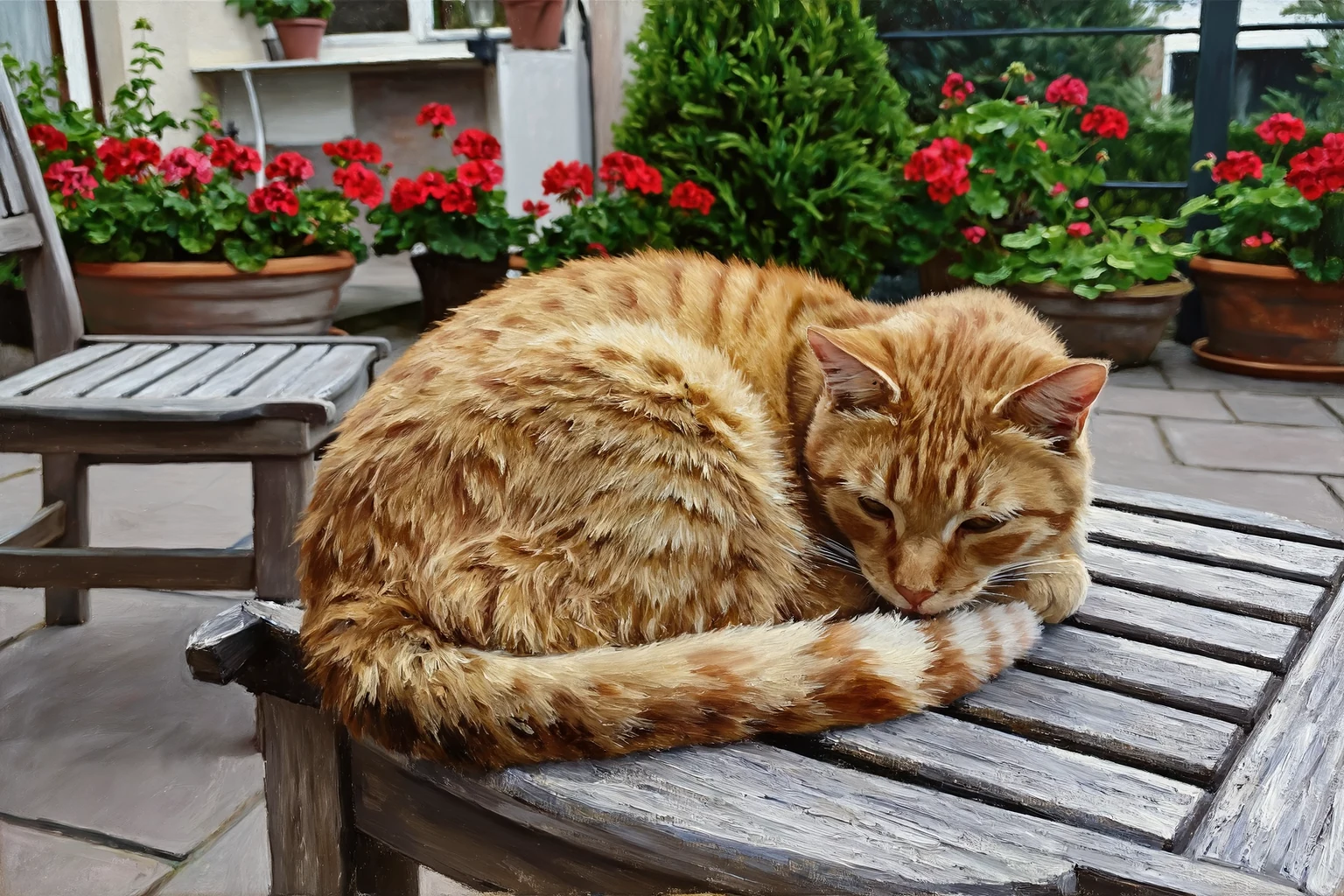 Ginger cat portrait, faithful oil version An oil painting of a ginger tabby cat curled up asleep on a grey wooden garden bench, red geraniums in pots behind it
