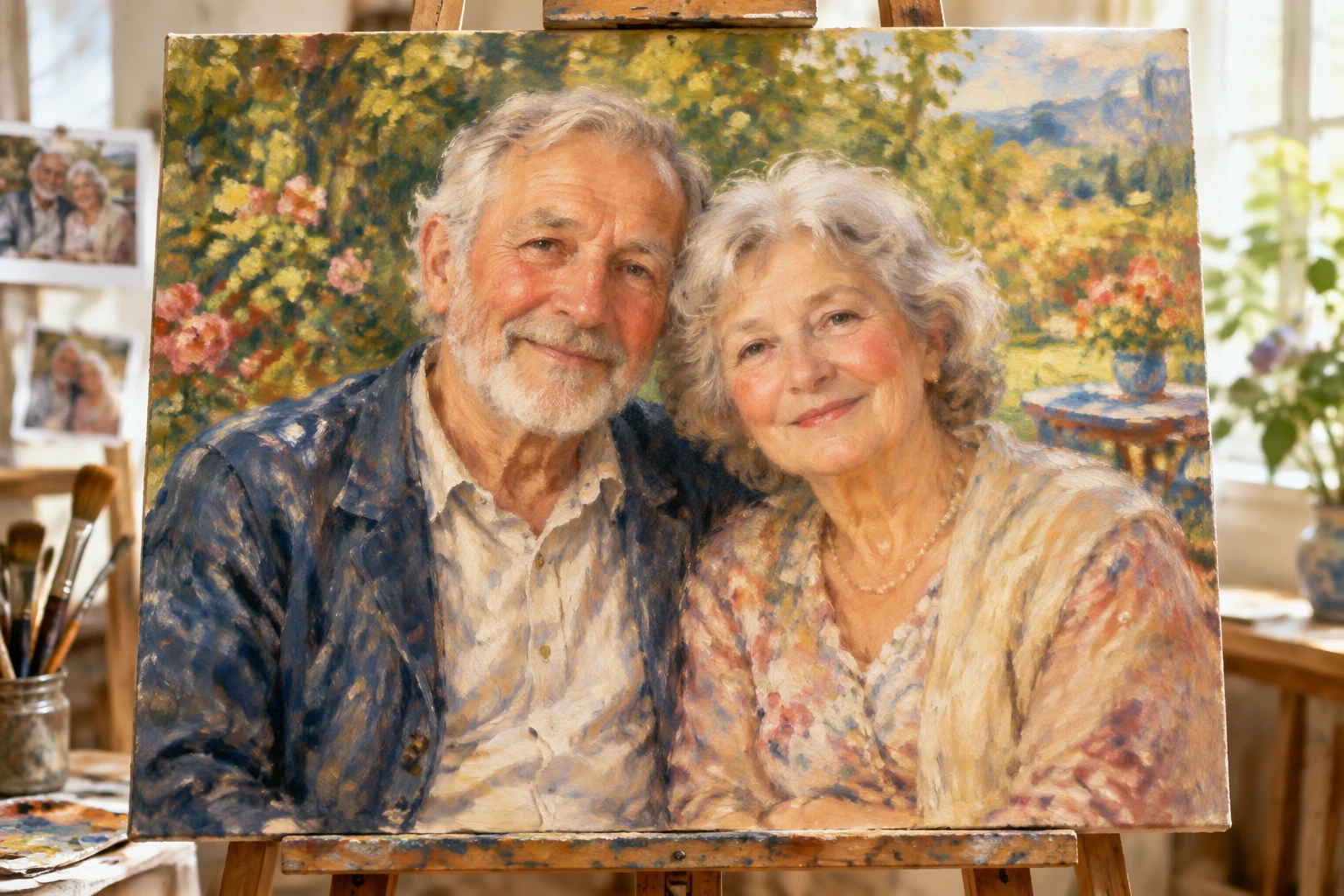 Illustrative grandparents oil portrait with recognisable faces and Renoir-inspired warmth and colour