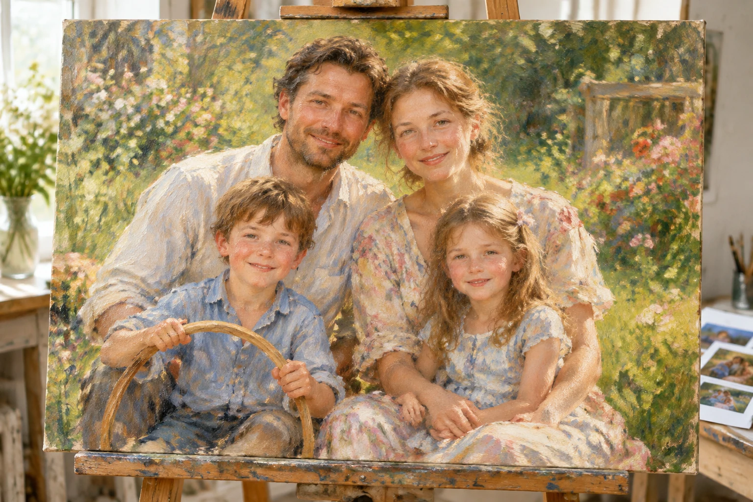 Illustrative family oil portrait of parents and two children in a garden, with recognisable faces and Renoir-inspired colour