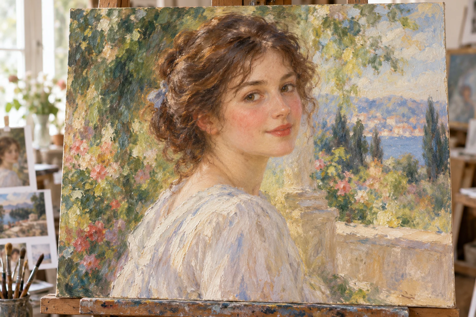 Illustrative oil portrait of a young woman in soft daylight, with a recognisable face and Renoir-inspired warm skin tones