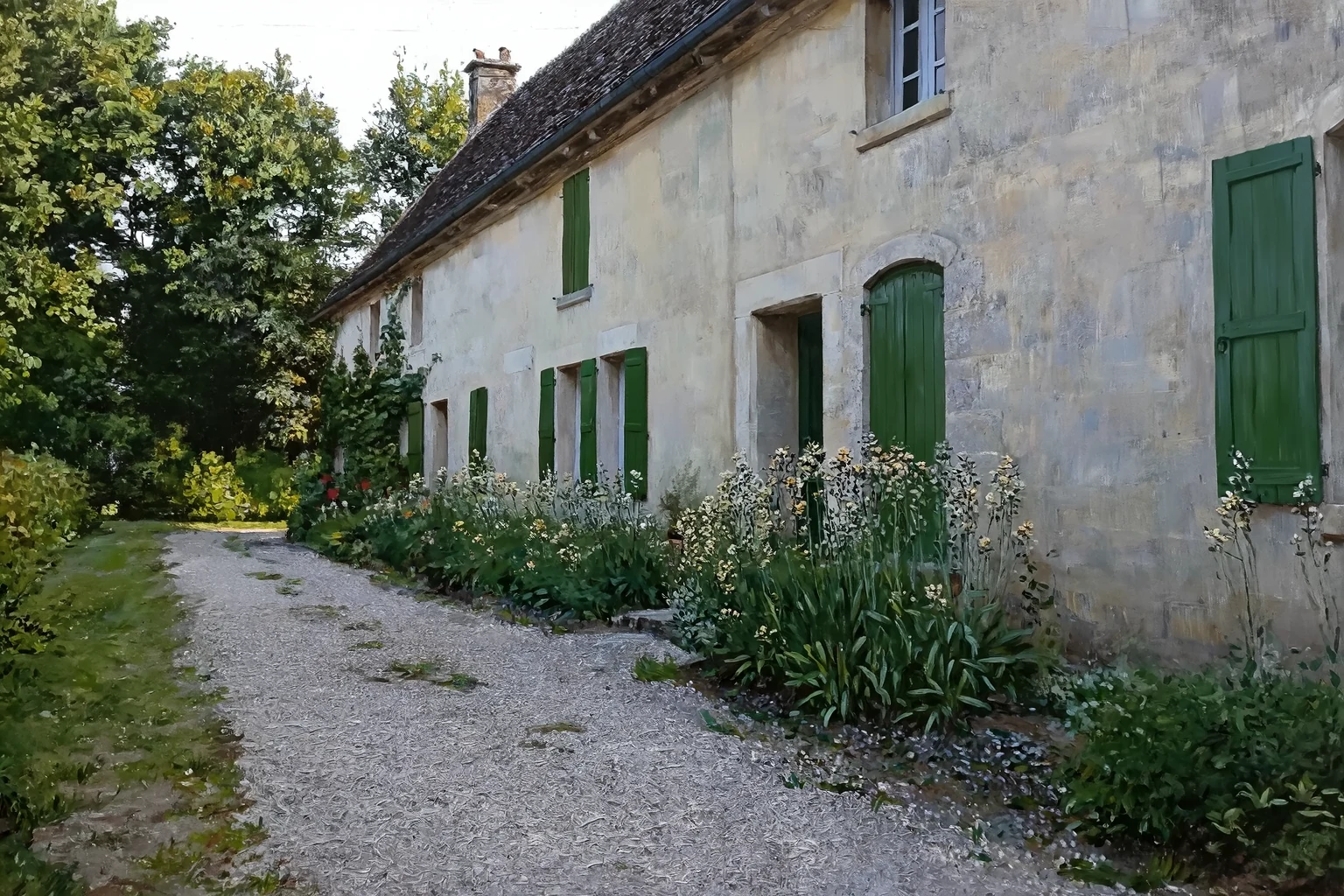 Stone house with green shutters, faithful oil version An oil painting of a long pale stone house with green shutters, a gravel path and a border of tall flowers along the wall
