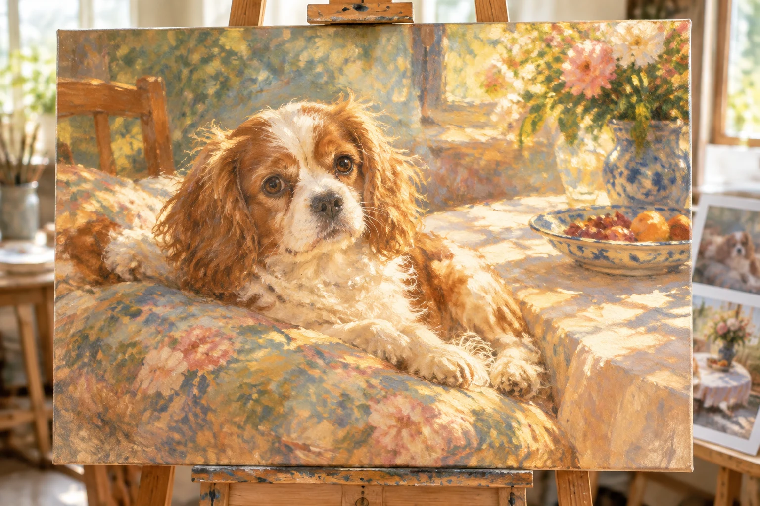 Illustrative oil portrait of a small dog resting on a cushion by a lunch table, with accurate markings and Renoir-inspired warmth