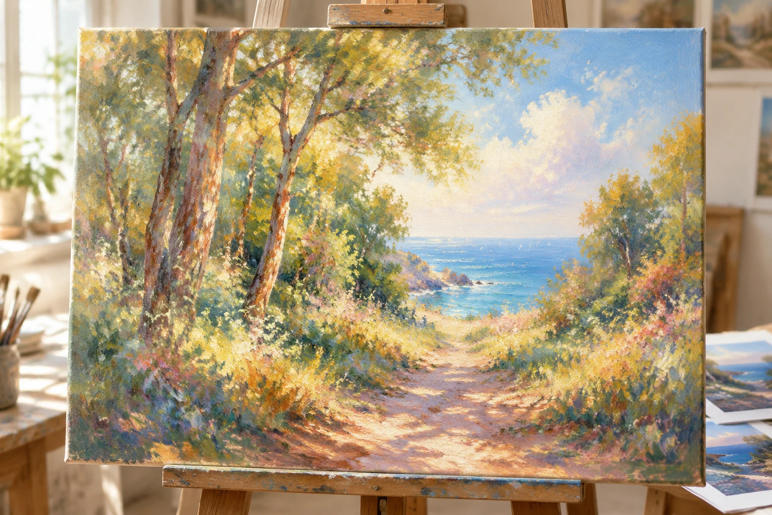 Illustrative oil landscape of a sunlit woodland path opening onto the sea, in Renoir-inspired warm colour