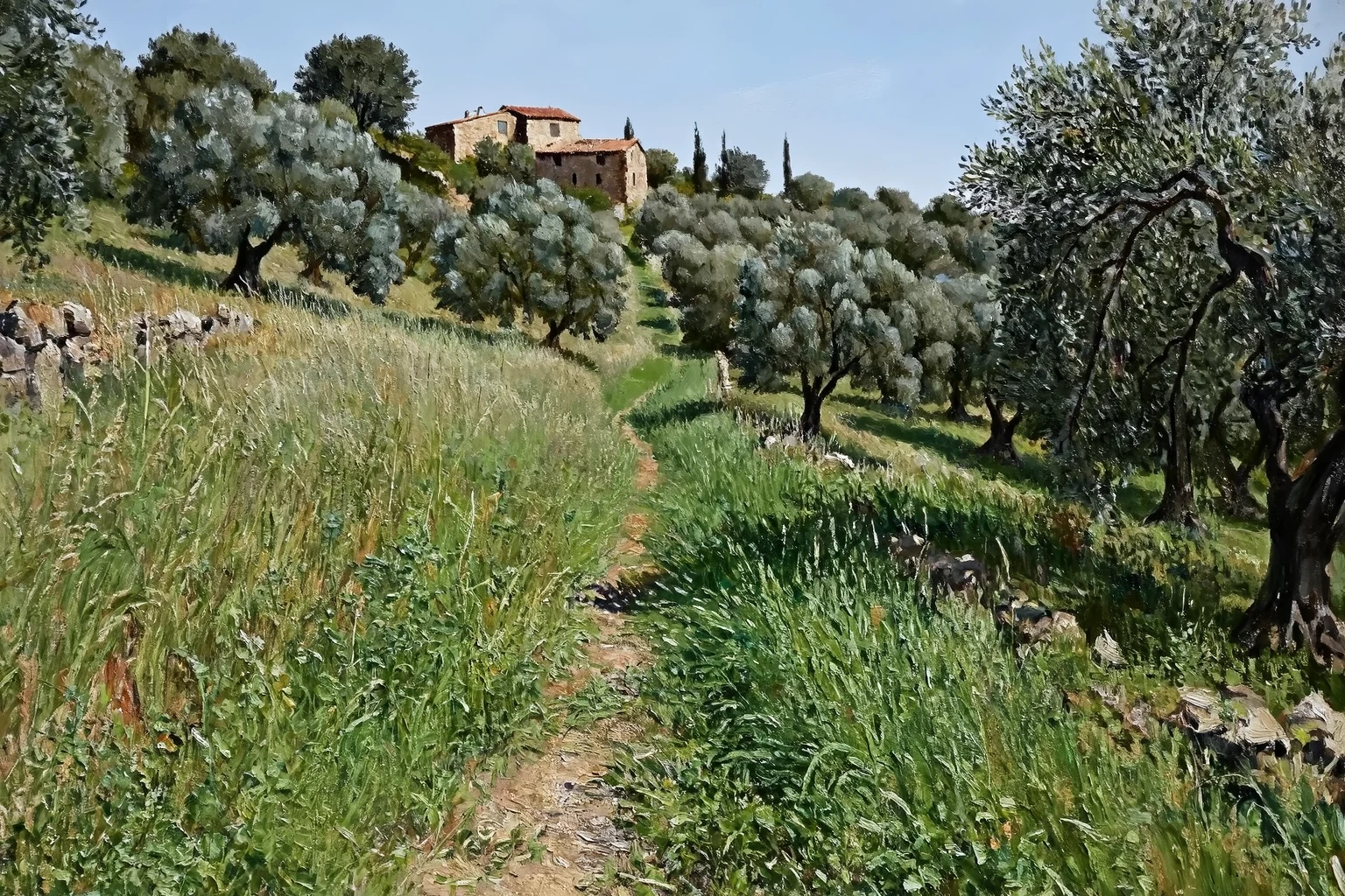 Olive hillside path, faithful oil version An oil painting of a grass path climbing through olive trees to a stone farmhouse with a terracotta roof under a pale sky