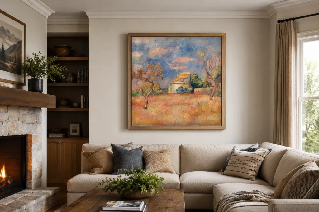 Framed print of Dovecote at Bellevue (Pigeonnier de Bellevue) hanging on a wall in a furnished room