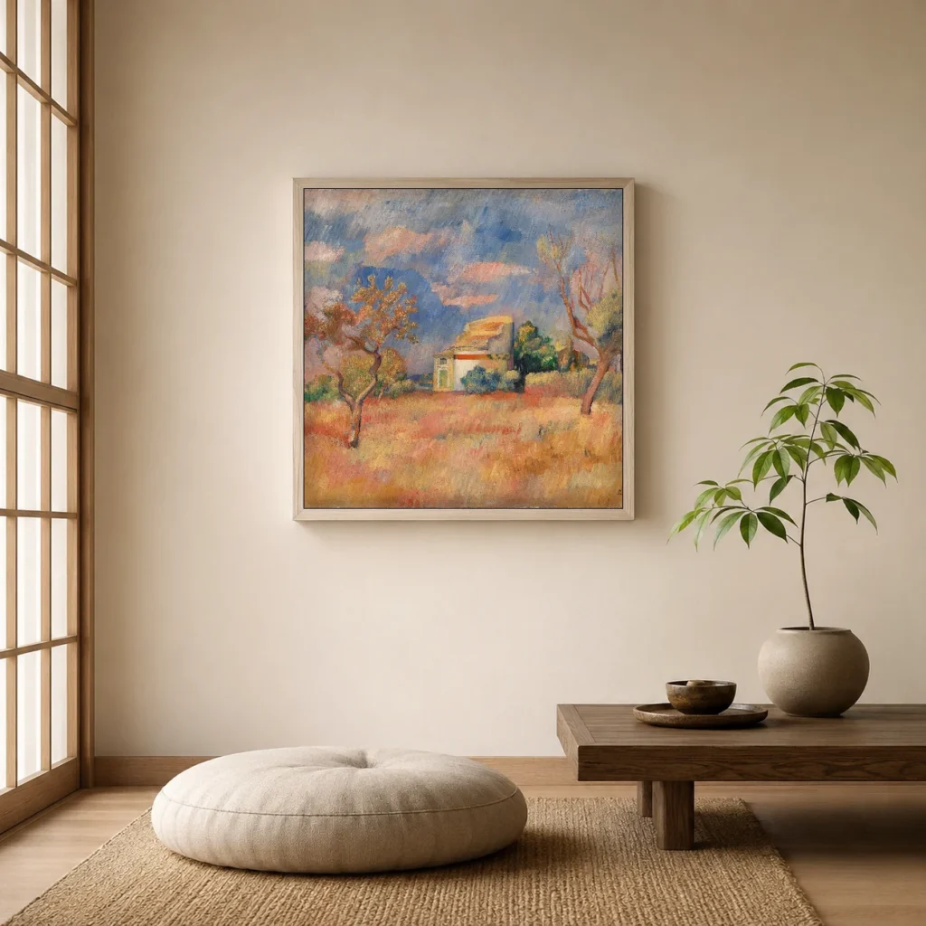 Framed print of Dovecote at Bellevue (Pigeonnier de Bellevue) hanging on a wall in a furnished room