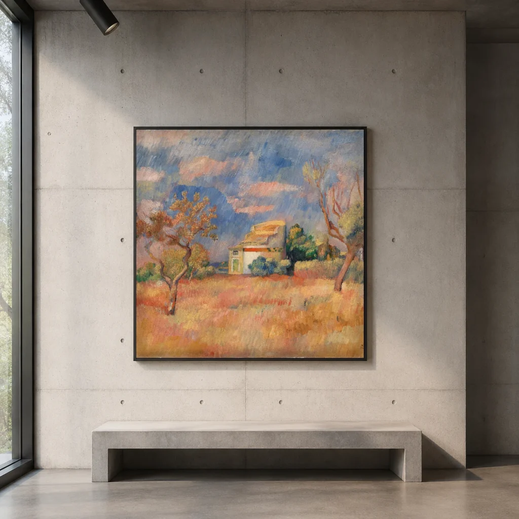 Framed print of Dovecote at Bellevue (Pigeonnier de Bellevue) hanging on a wall in a furnished room