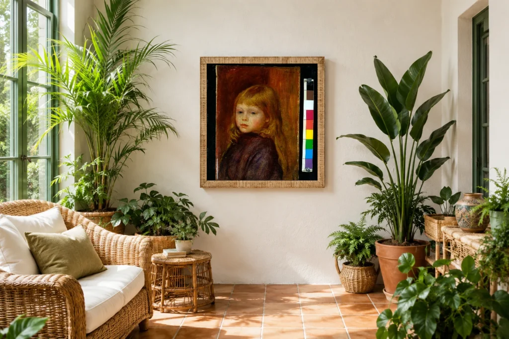 Framed print of Edmond Renoir, Jr. hanging on a wall in a furnished room
