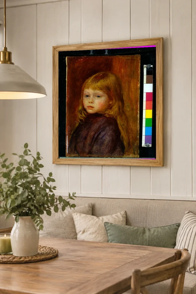 Framed print of Edmond Renoir, Jr. hanging on a wall in a furnished room