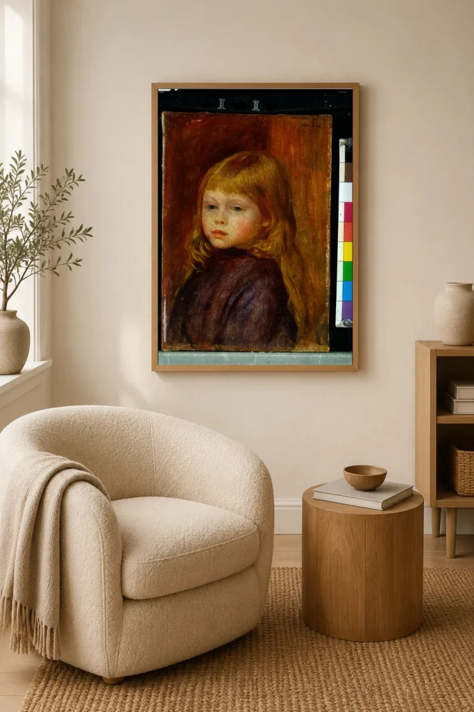 Framed print of Edmond Renoir, Jr. hanging on a wall in a furnished room