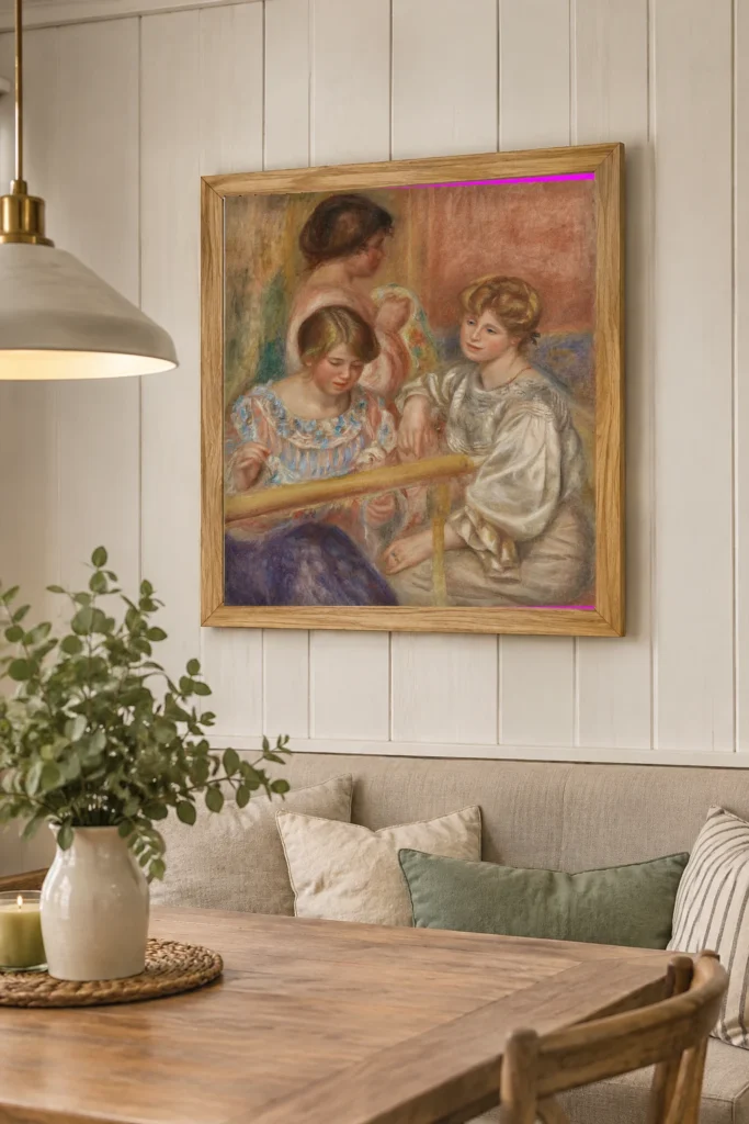 Framed print of Embroiderers (Les Brodeuses) hanging on a wall in a furnished room