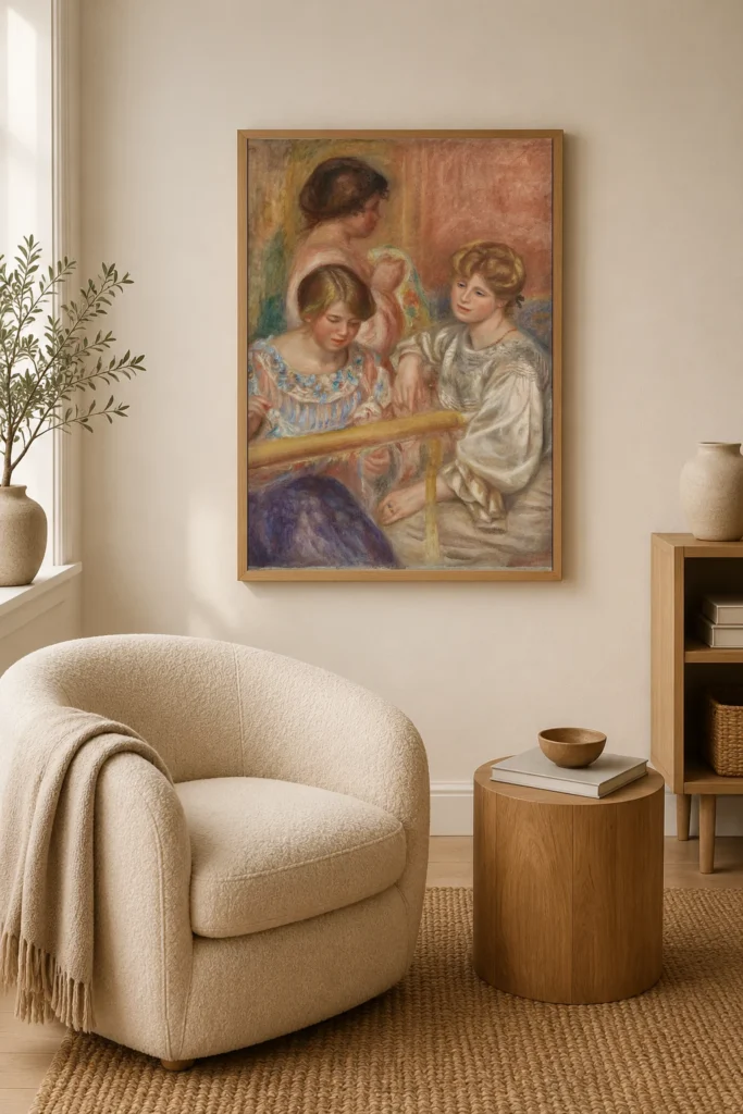 Framed print of Embroiderers (Les Brodeuses) hanging on a wall in a furnished room