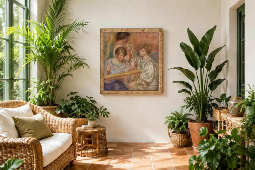 Framed print of Embroiderers (Les Brodeuses) hanging on a wall in a furnished room