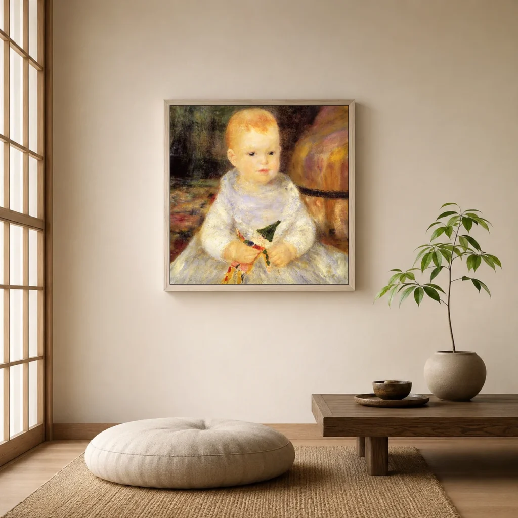Framed print of Child with Doll hanging on a wall in a furnished room