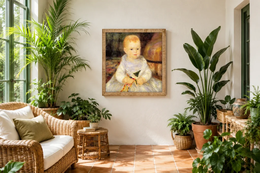 Framed print of Child with Doll hanging on a wall in a furnished room