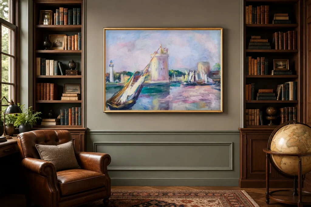 Framed print of Entrance of La Rochelle hanging on a wall in a furnished room