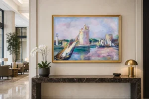 Framed print of Entrance of La Rochelle hanging on a wall in a furnished room