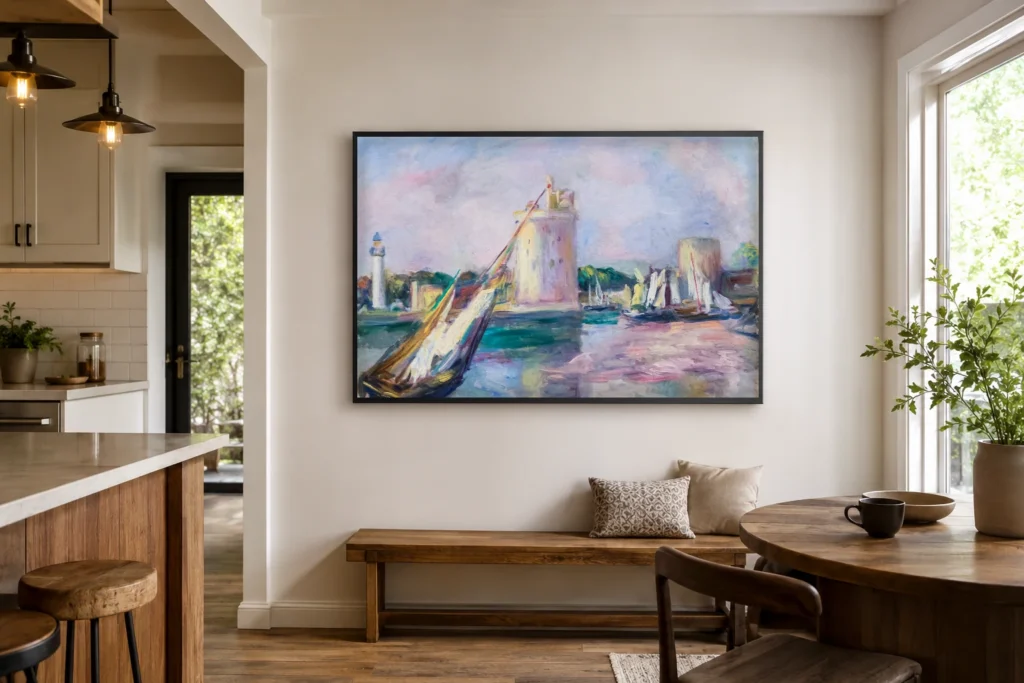 Framed print of Entrance of La Rochelle hanging on a wall in a furnished room