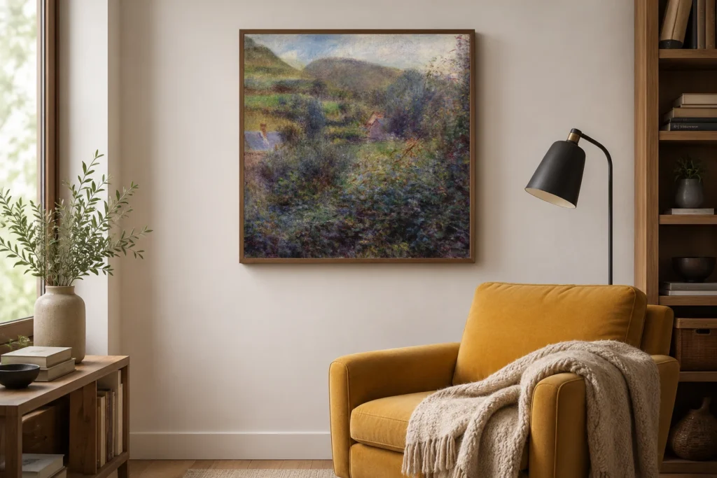 Framed print of Environs of Berneval hanging on a wall in a furnished room