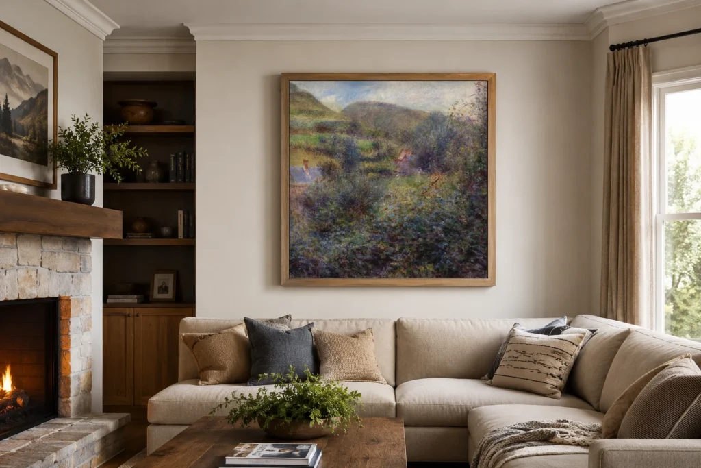 Framed print of Environs of Berneval hanging on a wall in a furnished room