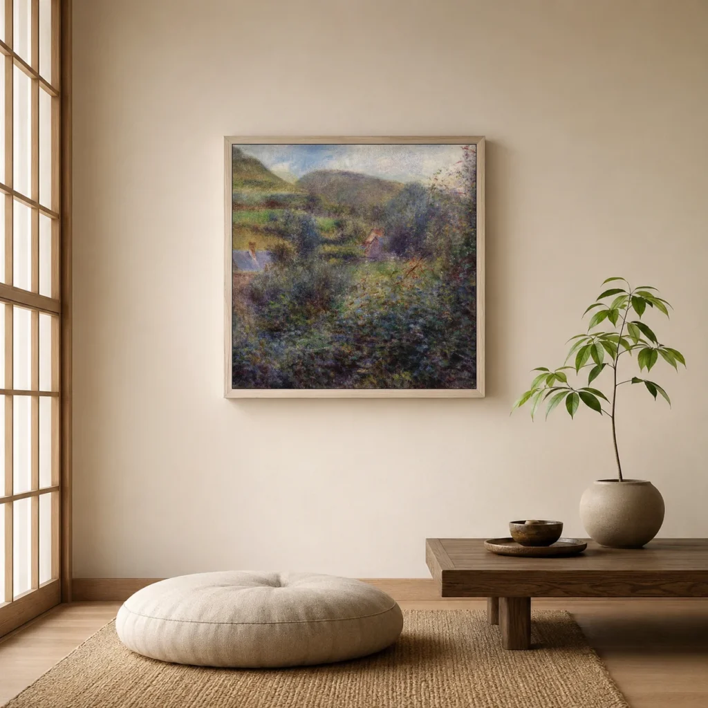 Framed print of Environs of Berneval hanging on a wall in a furnished room