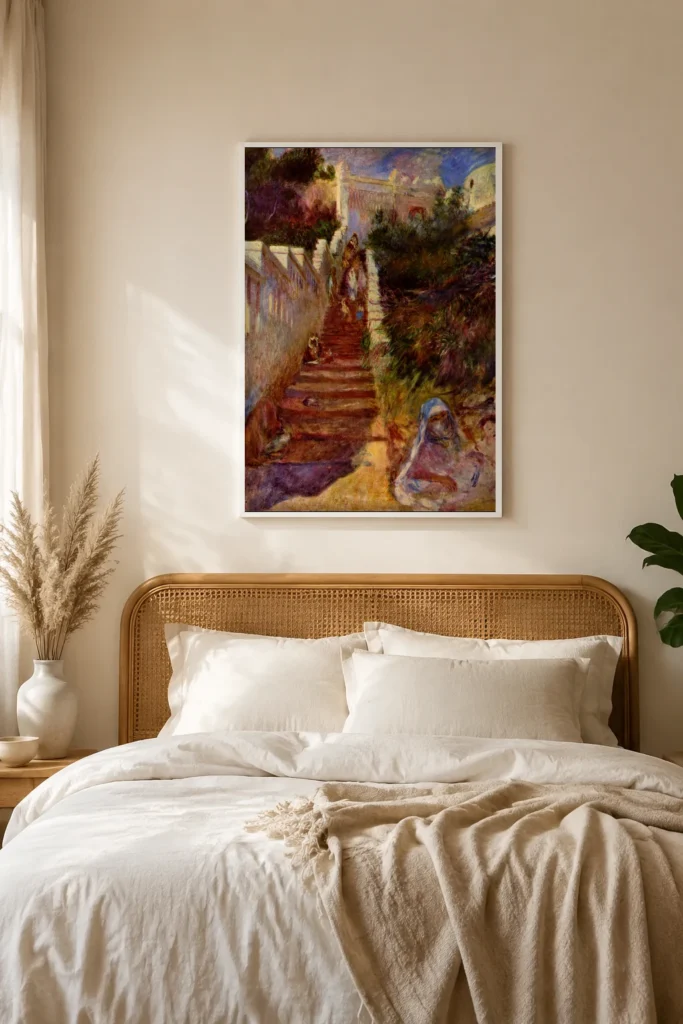 Framed print of Staircase in Algiers hanging on a wall in a furnished room