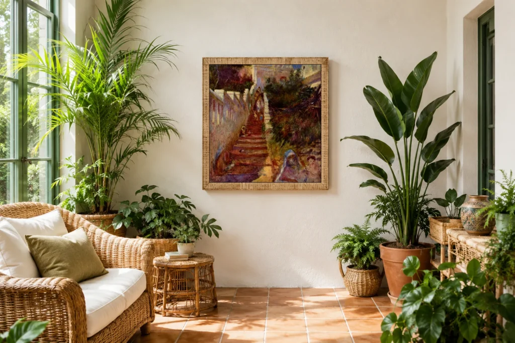 Framed print of Staircase in Algiers hanging on a wall in a furnished room