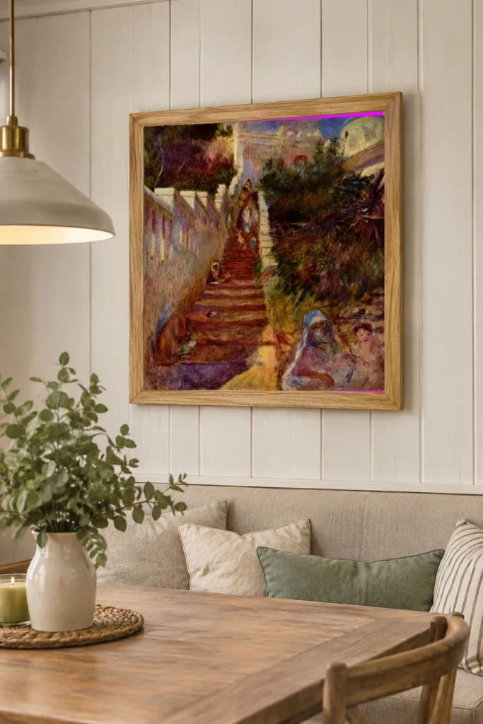 Framed print of Staircase in Algiers hanging on a wall in a furnished room