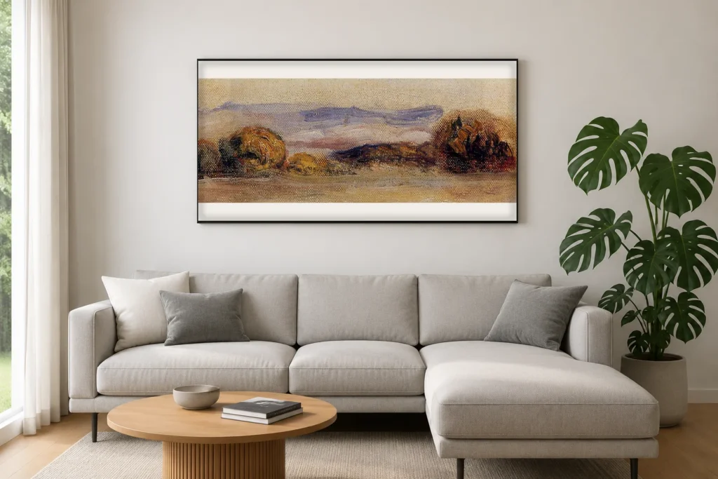 Framed print of Landscape Sketch hanging on a wall in a furnished room