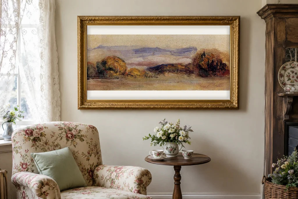 Framed print of Landscape Sketch hanging on a wall in a furnished room