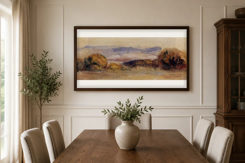 Framed print of Landscape Sketch hanging on a wall in a furnished room