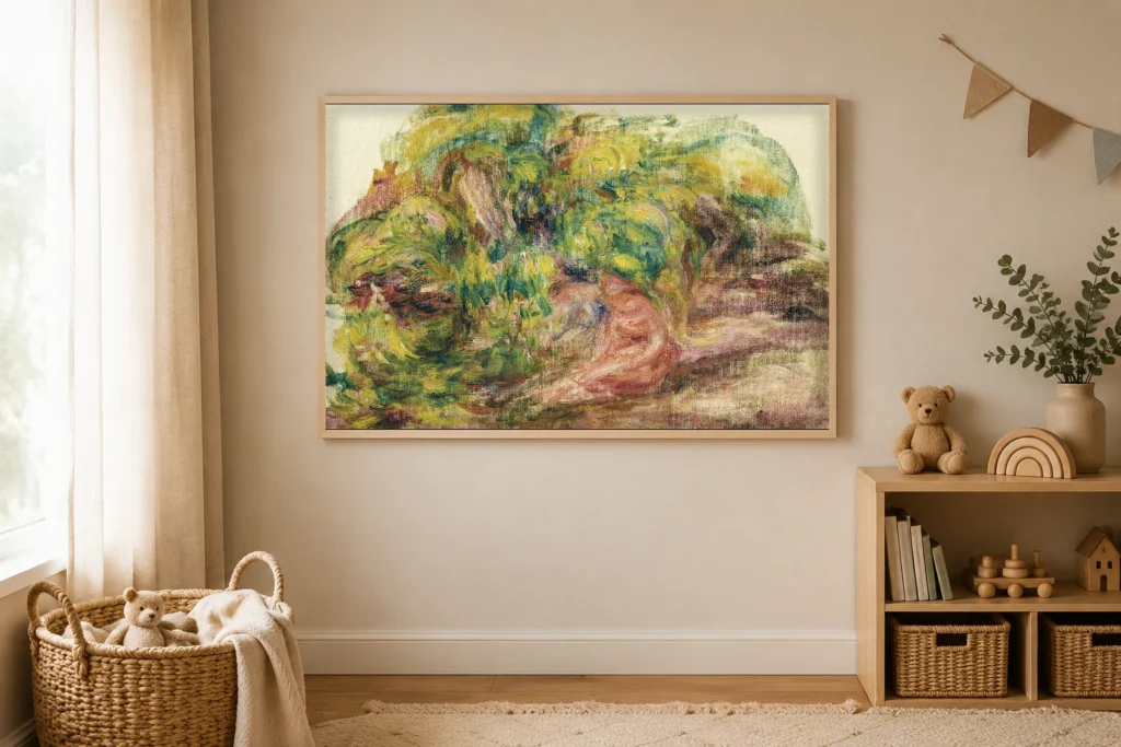 Framed print of Landscape Sketch (Two Women in the Garden of the Collettes at Cagnes) hanging on a wall in a furnished room