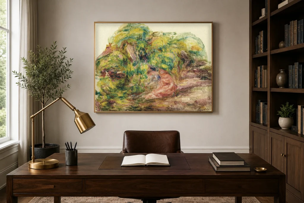 Framed print of Landscape Sketch (Two Women in the Garden of the Collettes at Cagnes) hanging on a wall in a furnished room