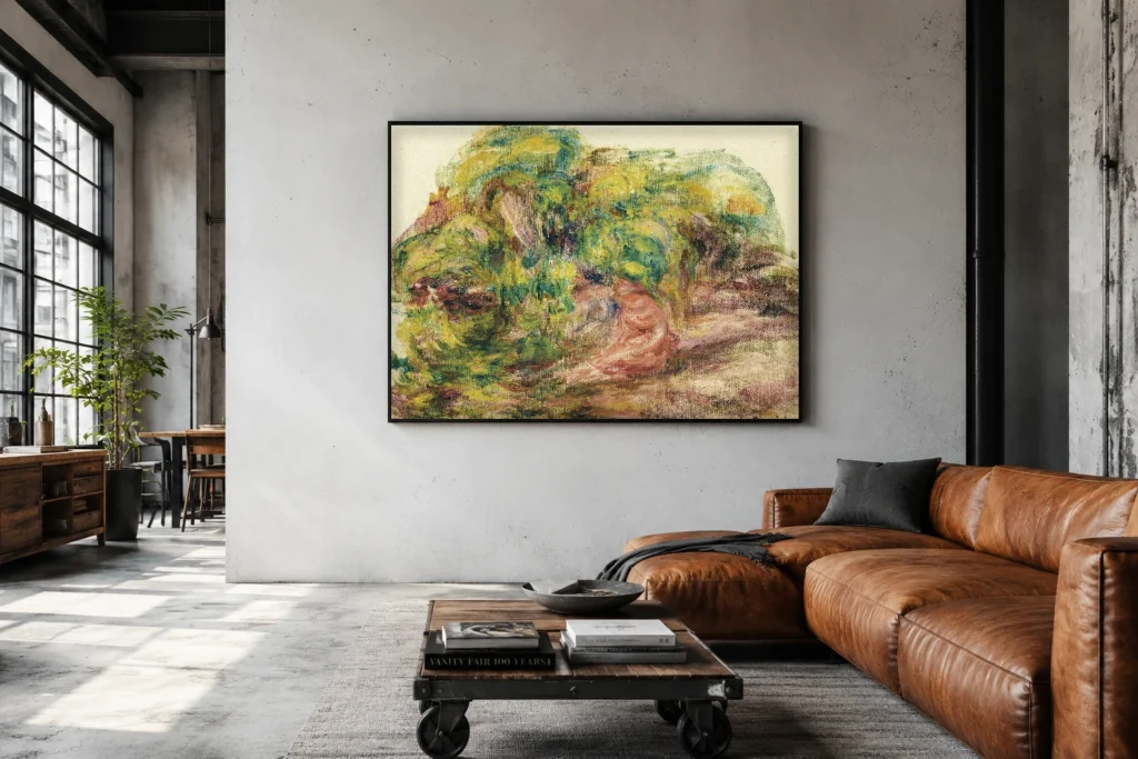 Framed print of Landscape Sketch (Two Women in the Garden of the Collettes at Cagnes) hanging on a wall in a furnished room
