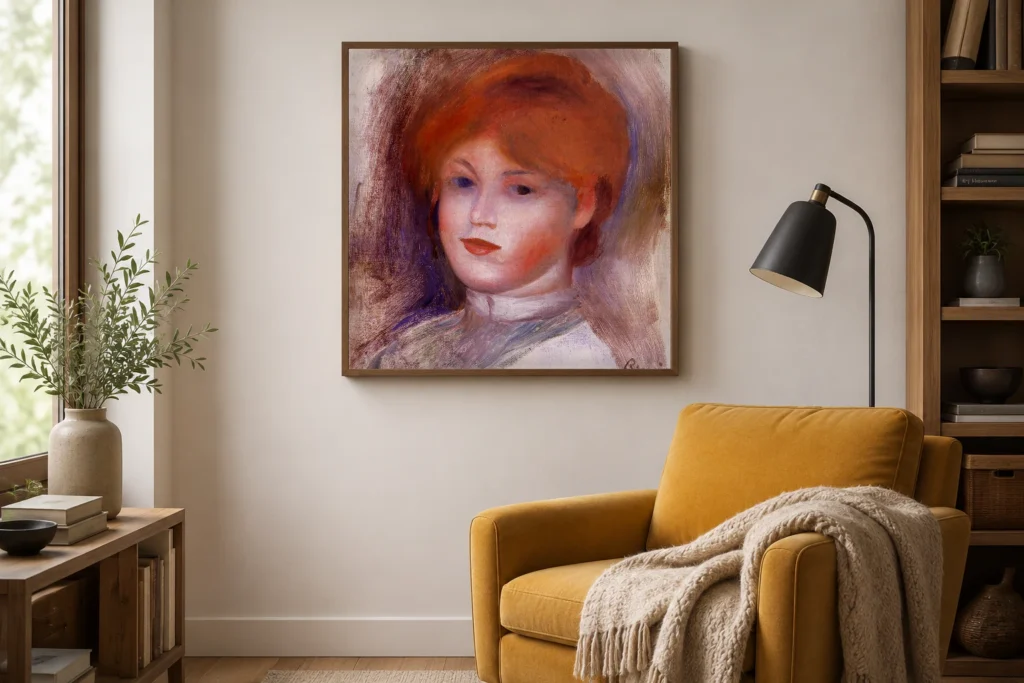 Framed print of Sketch of a Young Woman’s Head, Red Hair and White Collar hanging on a wall in a furnished room