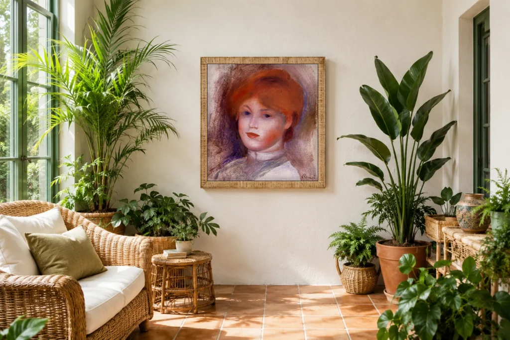 Framed print of Sketch of a Young Woman’s Head, Red Hair and White Collar hanging on a wall in a furnished room