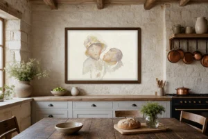 Framed print of Sketch for ‘In the Garden’ hanging on a wall in a furnished room