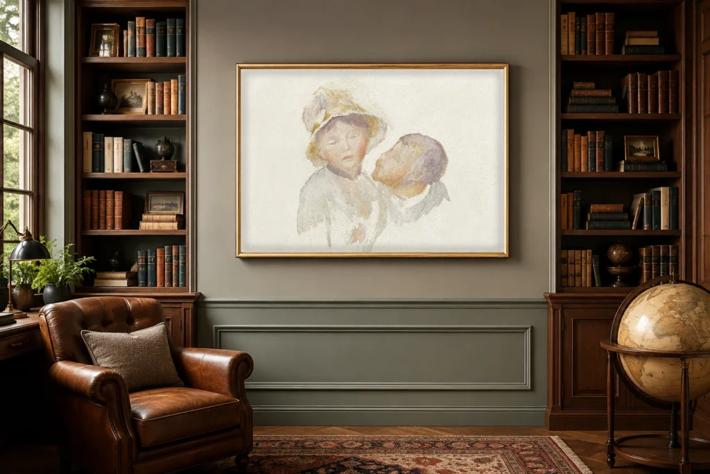 Framed print of Sketch for ‘In the Garden’ hanging on a wall in a furnished room