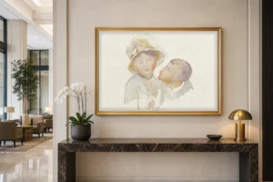 Framed print of Sketch for ‘In the Garden’ hanging on a wall in a furnished room