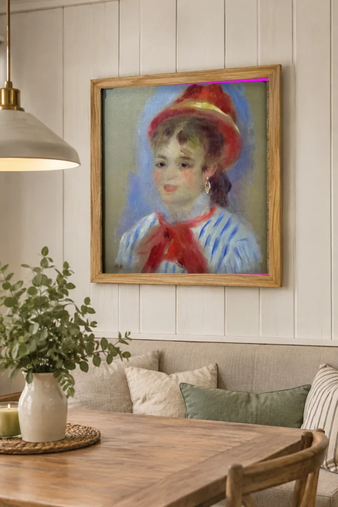 Framed print of Estelle in a Red Hat hanging on a wall in a furnished room