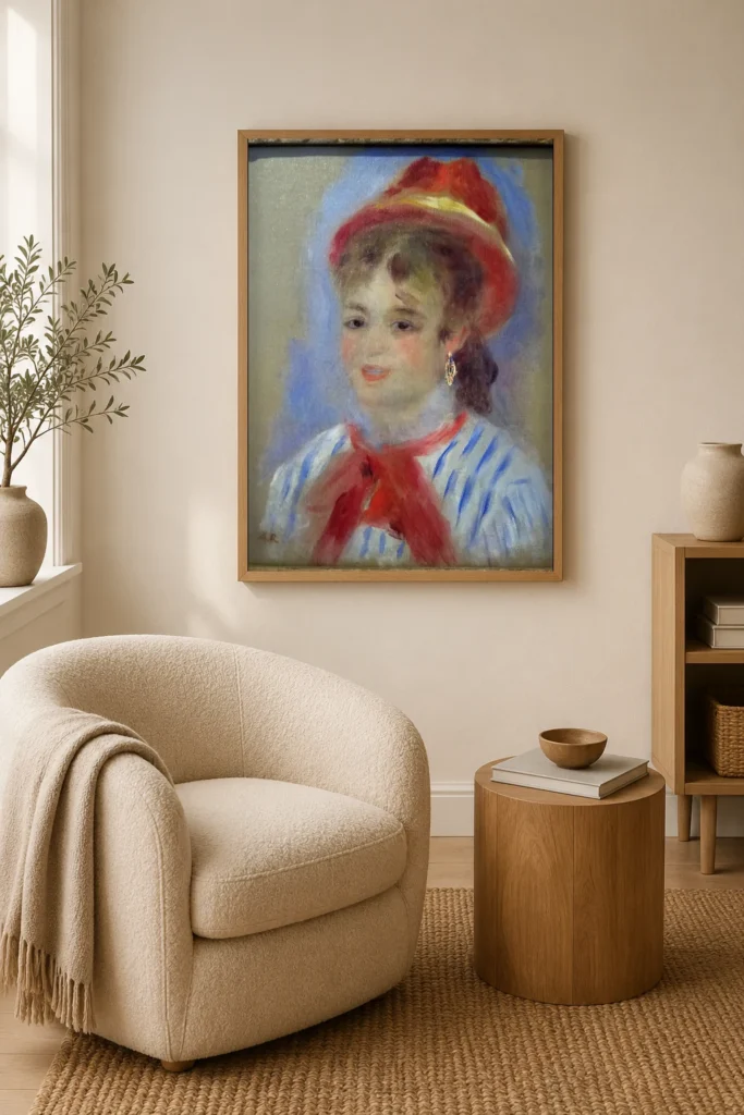 Framed print of Estelle in a Red Hat hanging on a wall in a furnished room
