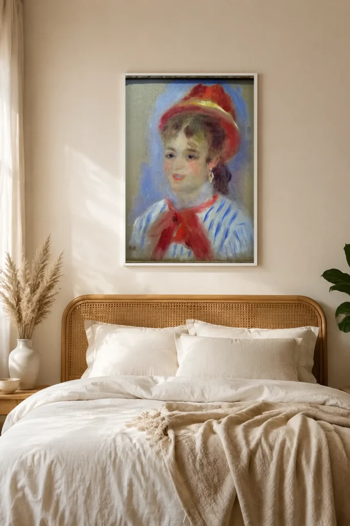 Framed print of Estelle in a Red Hat hanging on a wall in a furnished room