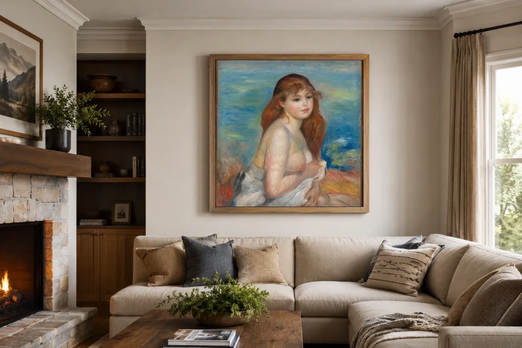 Framed print of Etter badet hanging on a wall in a furnished room