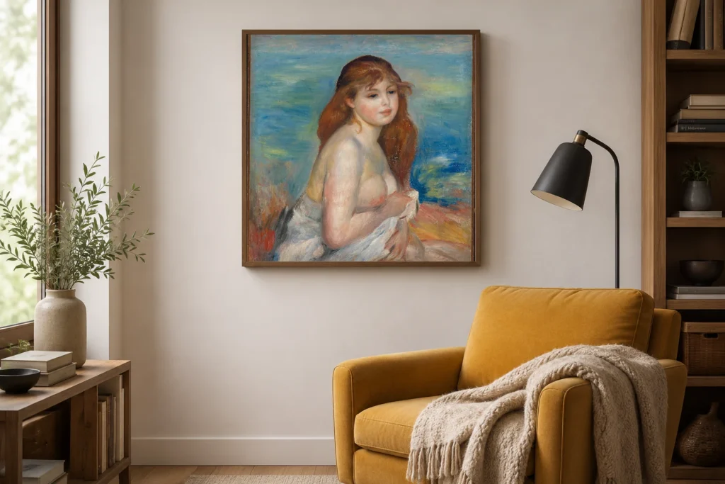 Framed print of Etter badet hanging on a wall in a furnished room