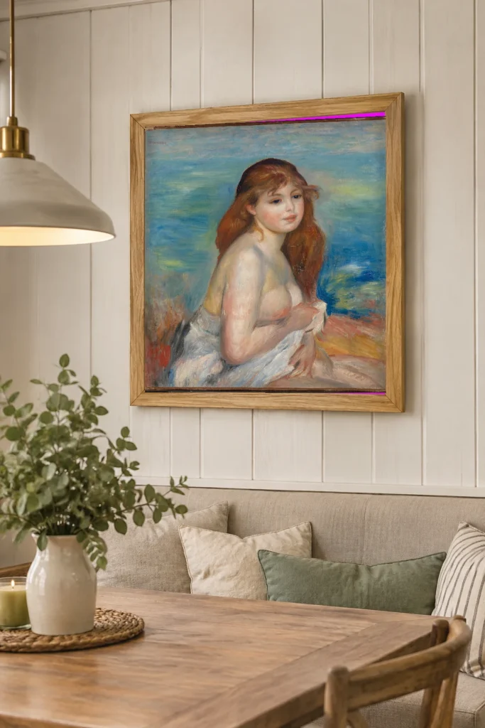 Framed print of Etter badet hanging on a wall in a furnished room
