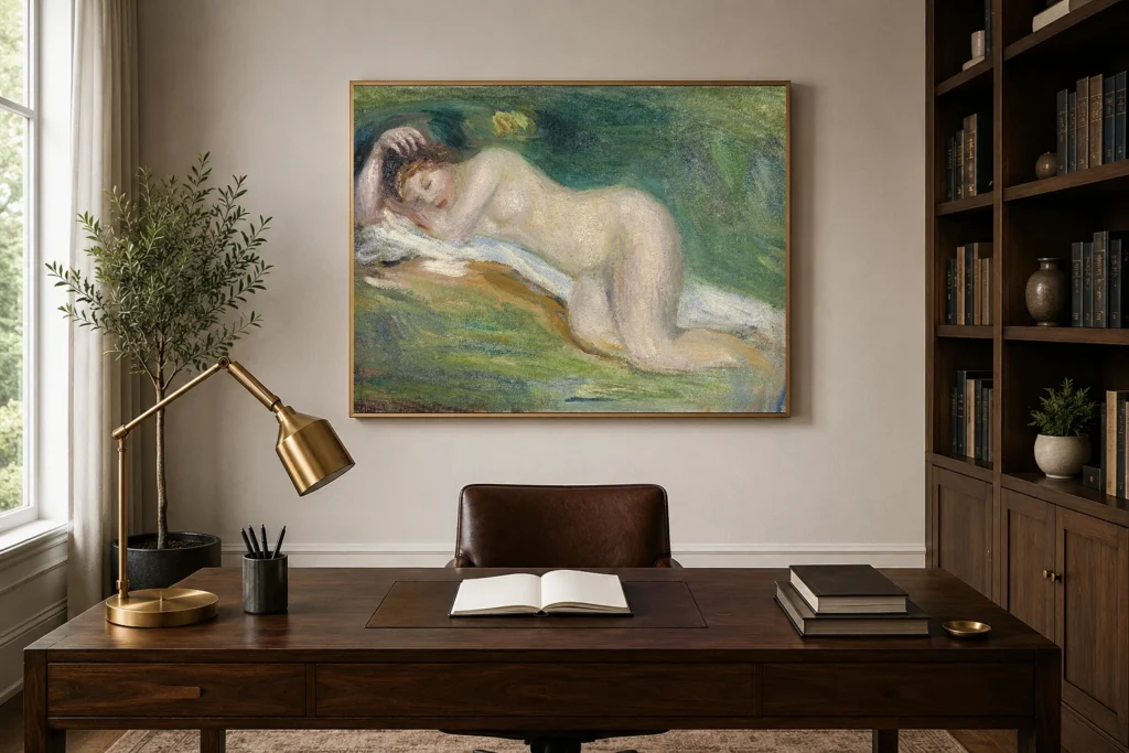 Framed print of Study of a Nude hanging on a wall in a furnished room