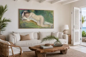 Framed print of Study of a Nude hanging on a wall in a furnished room